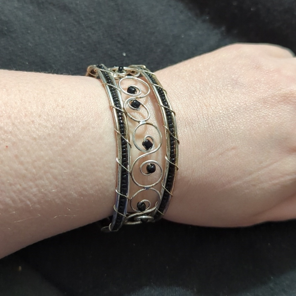Silver Tone Black Beaded Swirls Cuff Bangle Statement Bracelet